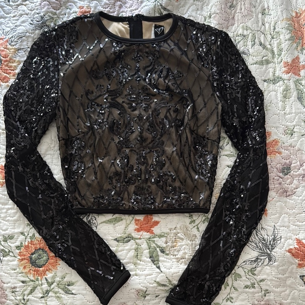 Black Sequin Long Sleeve Top